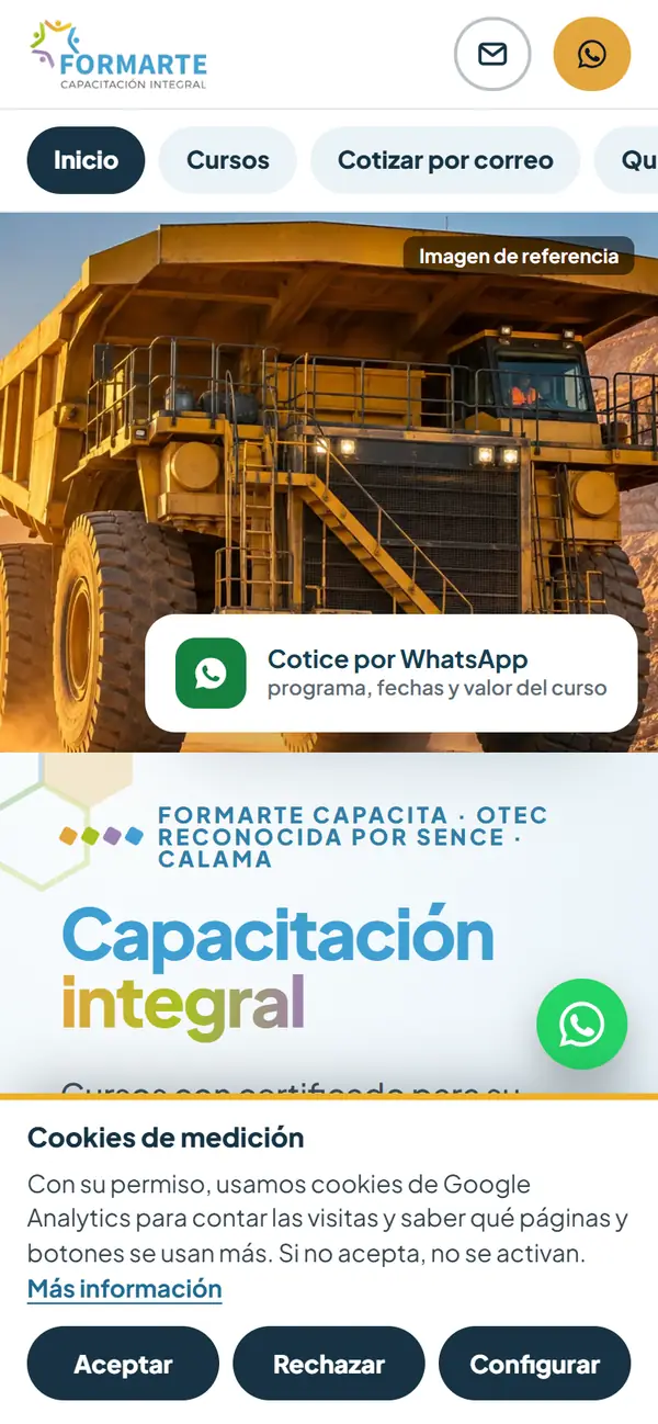 Aviso de cookies de la web de OTEC Formarte en celular