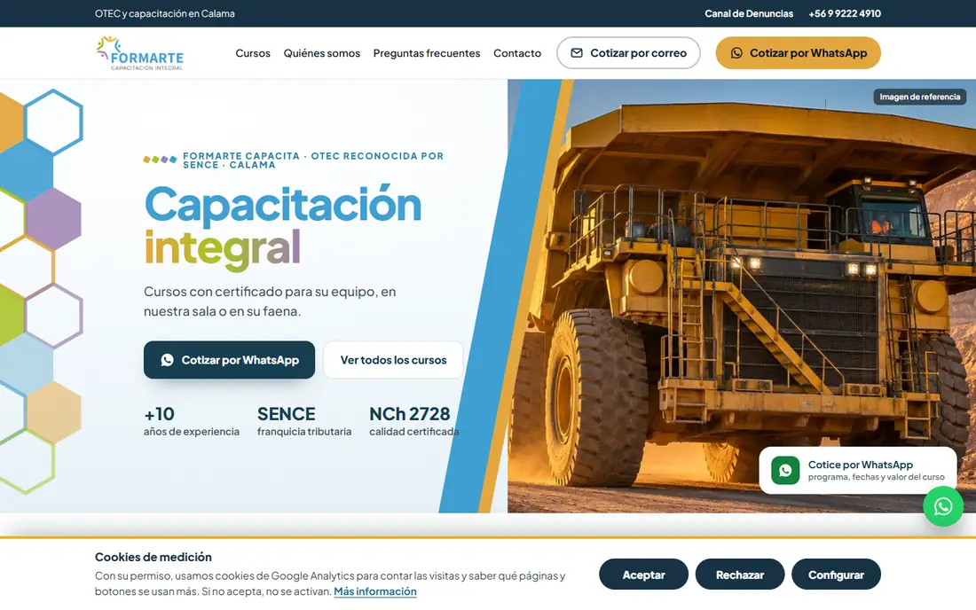Aviso de cookies de la web de OTEC Formarte en computador
