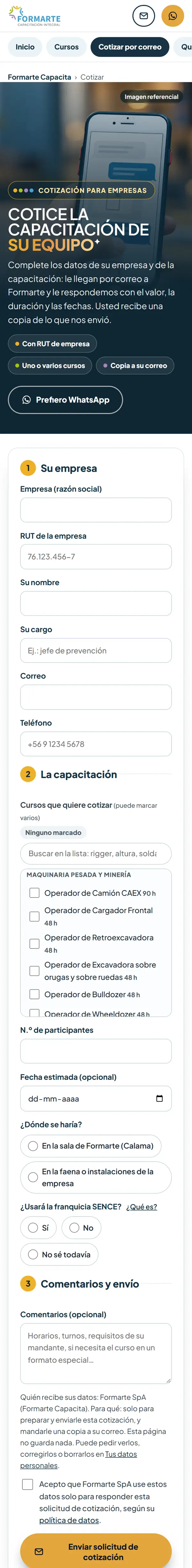 Captura del cotizador por pasos de OTEC Formarte en celular