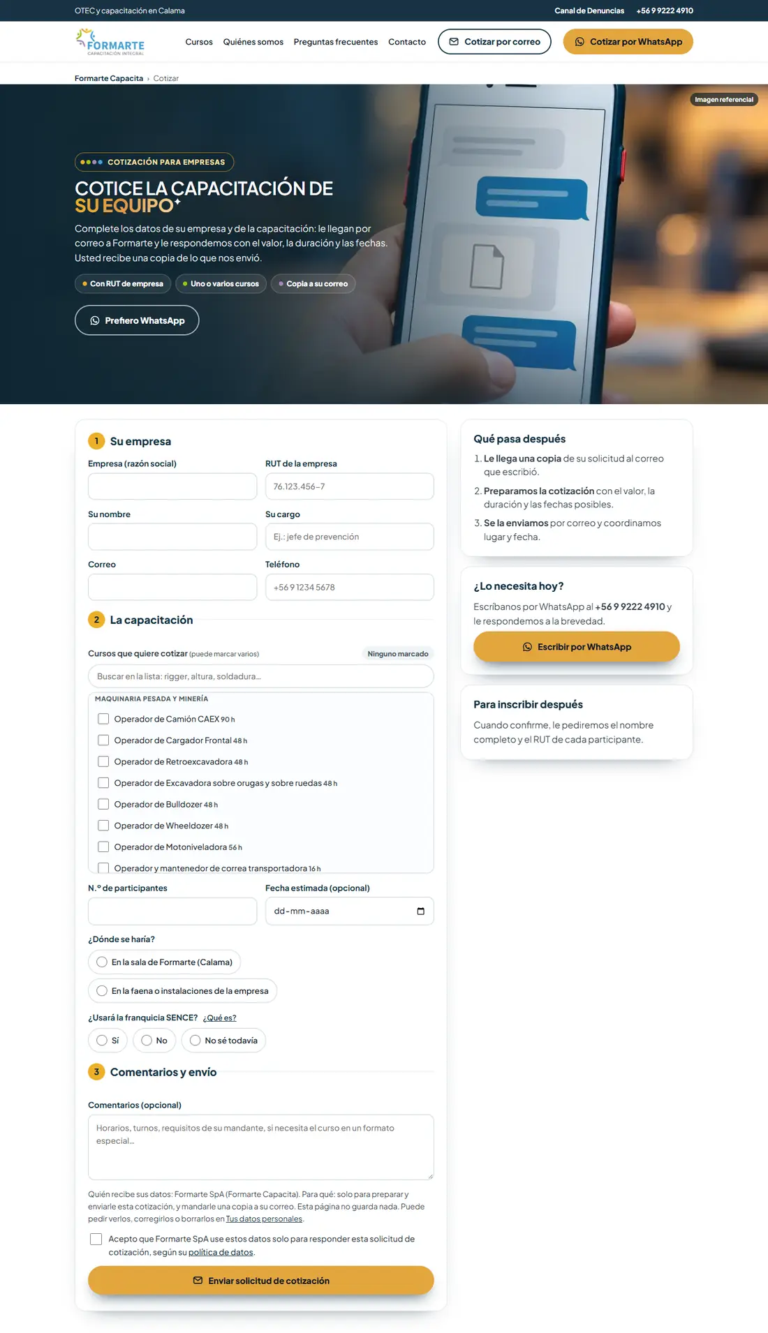 Captura del cotizador por pasos de OTEC Formarte en computador